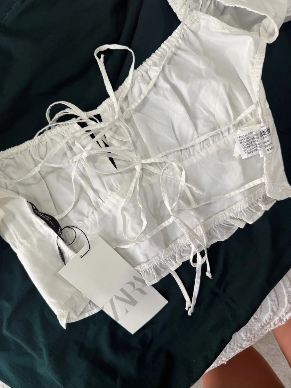 Zara White Puff-Sleeve Tie-Front Crop Blouse